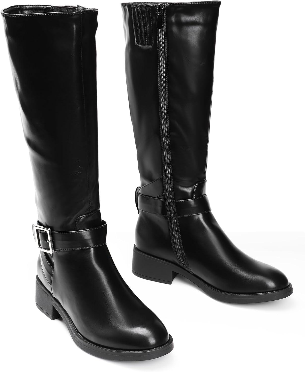 imageDREAM PAIRS Womens Knee High Riding Boots Comfortable Low Chunky Heel Side Zipper Round Toe Casual Classic RanchingBlackoil Skin