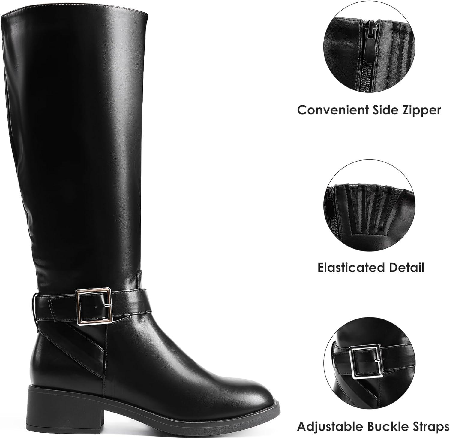 imageDREAM PAIRS Womens Knee High Riding Boots Comfortable Low Chunky Heel Side Zipper Round Toe Casual Classic RanchingBlackoil Skin