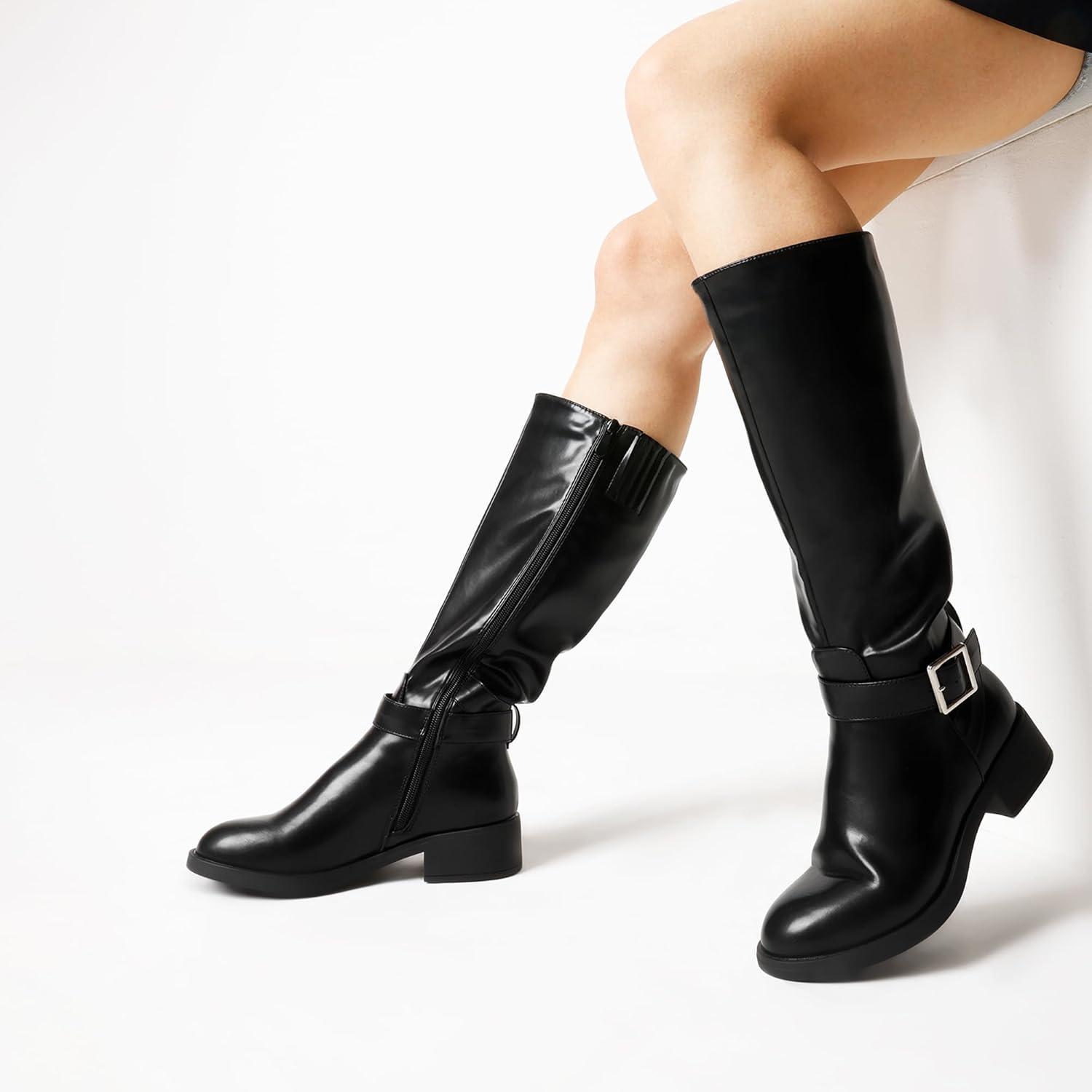 imageDREAM PAIRS Womens Knee High Riding Boots Comfortable Low Chunky Heel Side Zipper Round Toe Casual Classic RanchingBlackoil Skin