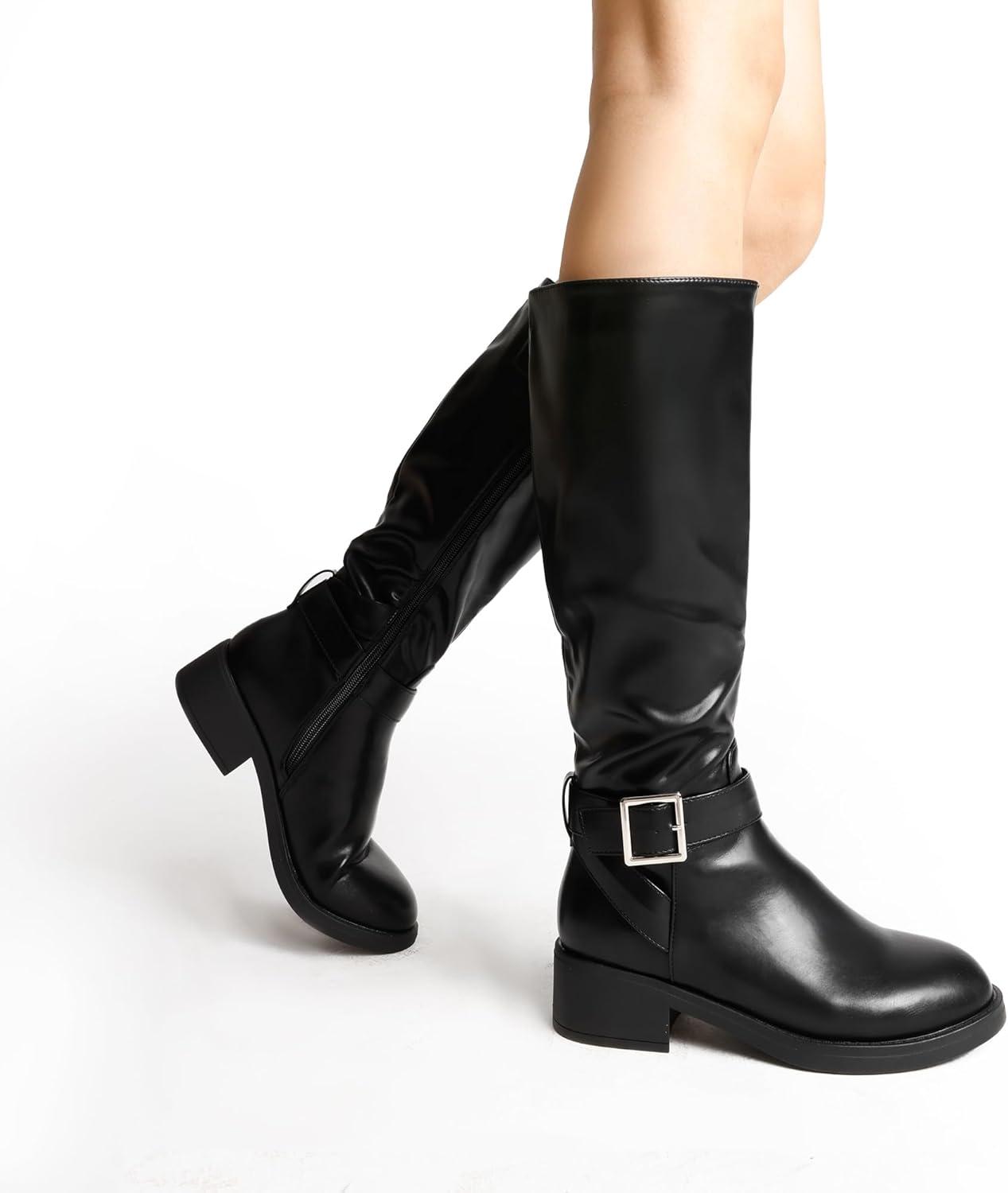 imageDREAM PAIRS Womens Knee High Riding Boots Comfortable Low Chunky Heel Side Zipper Round Toe Casual Classic RanchingBlackoil Skin