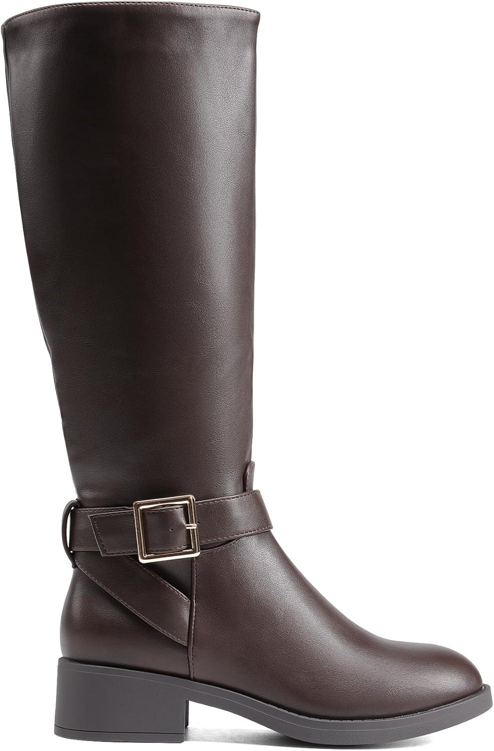 imageDREAM PAIRS Womens Knee High Riding Boots Comfortable Low Chunky Heel Side Zipper Round Toe Casual Classic RanchingBrown