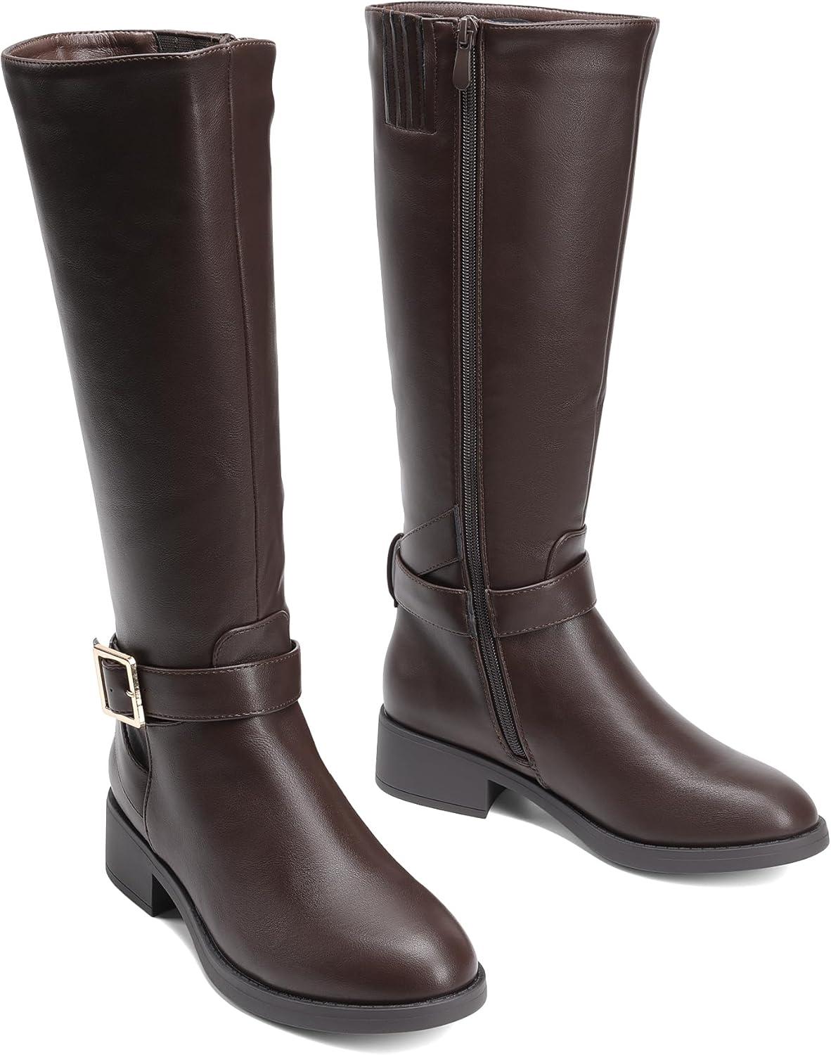 imageDREAM PAIRS Womens Knee High Riding Boots Comfortable Low Chunky Heel Side Zipper Round Toe Casual Classic RanchingBrown