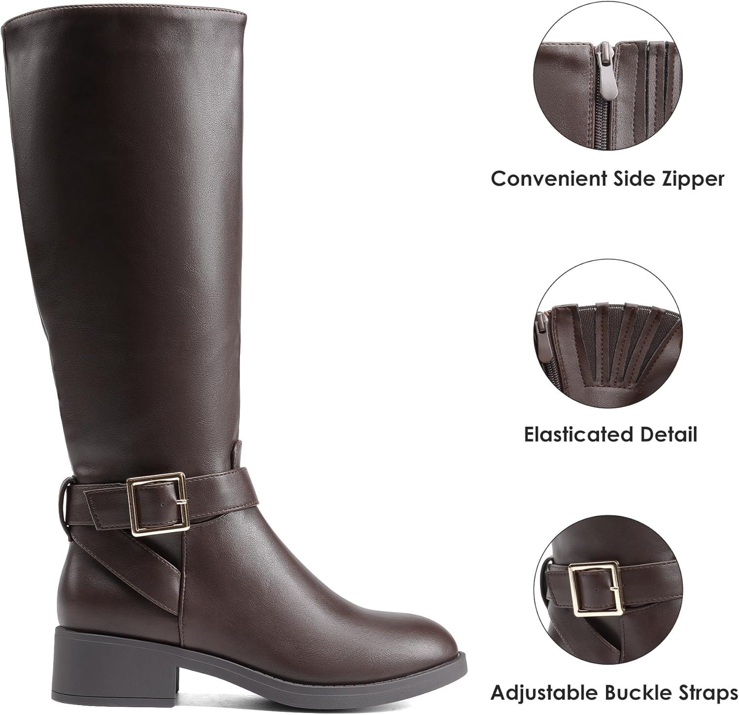 imageDREAM PAIRS Womens Knee High Riding Boots Comfortable Low Chunky Heel Side Zipper Round Toe Casual Classic RanchingBrown