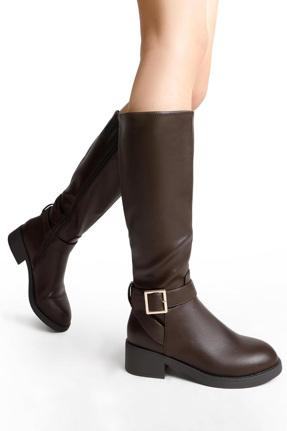 imageDREAM PAIRS Womens Knee High Riding Boots Comfortable Low Chunky Heel Side Zipper Round Toe Casual Classic RanchingBrown