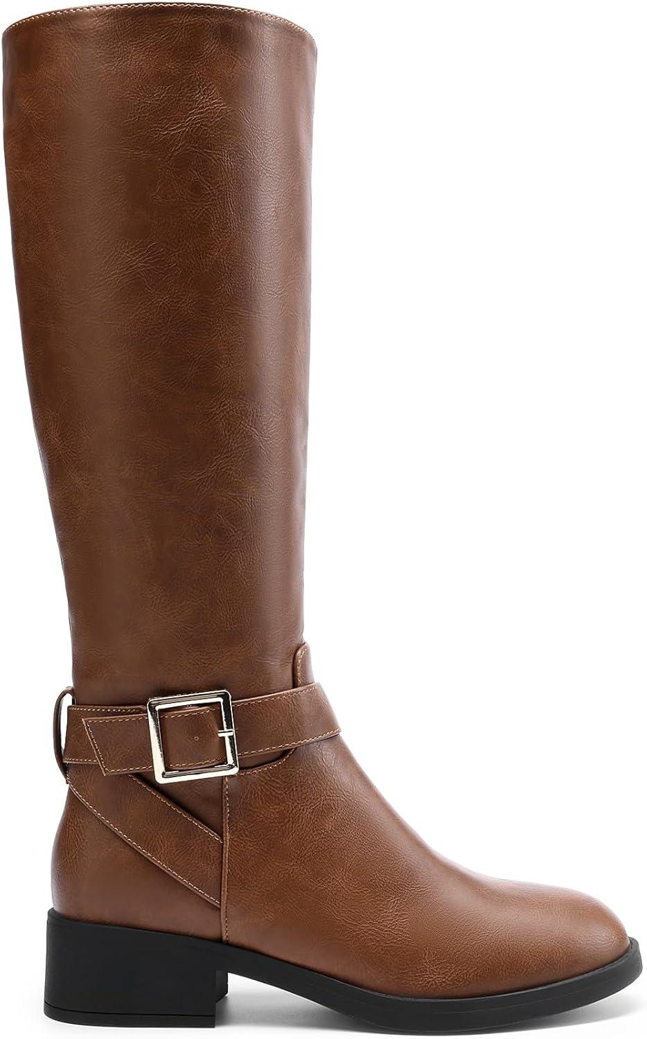 imageDREAM PAIRS Womens Knee High Riding Boots Comfortable Low Chunky Heel Side Zipper Round Toe Casual Classic RanchingLight Brown