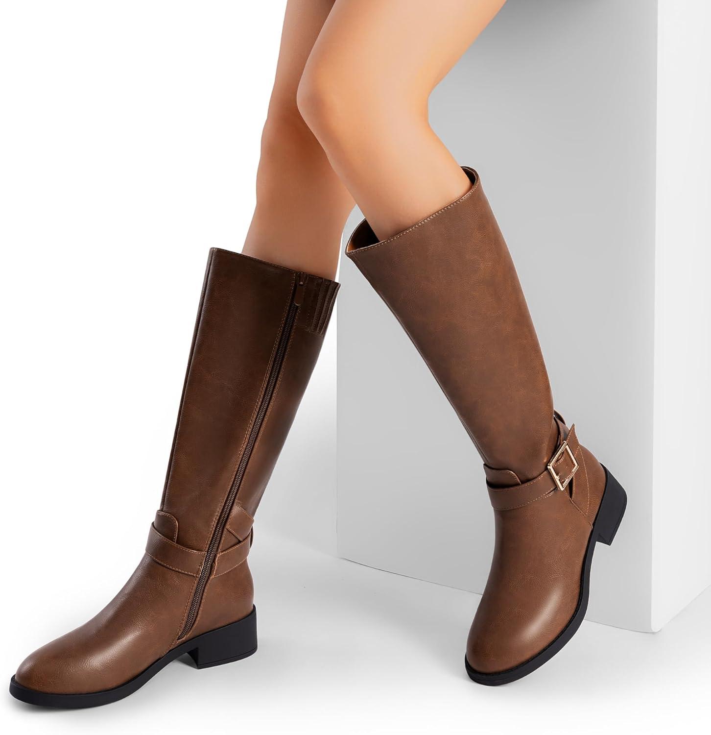 imageDREAM PAIRS Womens Knee High Riding Boots Comfortable Low Chunky Heel Side Zipper Round Toe Casual Classic RanchingLight Brown