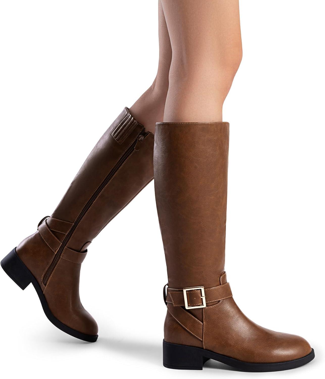 imageDREAM PAIRS Womens Knee High Riding Boots Comfortable Low Chunky Heel Side Zipper Round Toe Casual Classic RanchingLight Brown