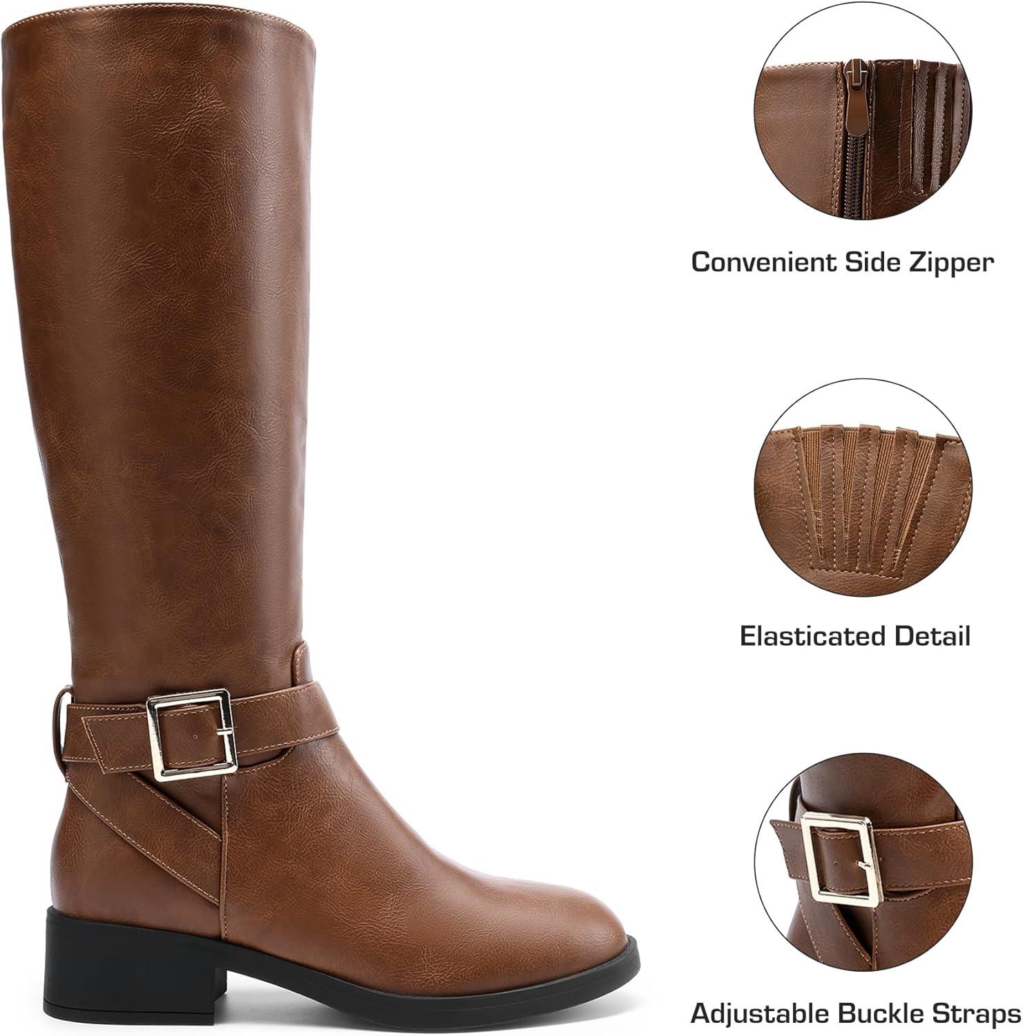 imageDREAM PAIRS Womens Knee High Riding Boots Comfortable Low Chunky Heel Side Zipper Round Toe Casual Classic RanchingLight Brown