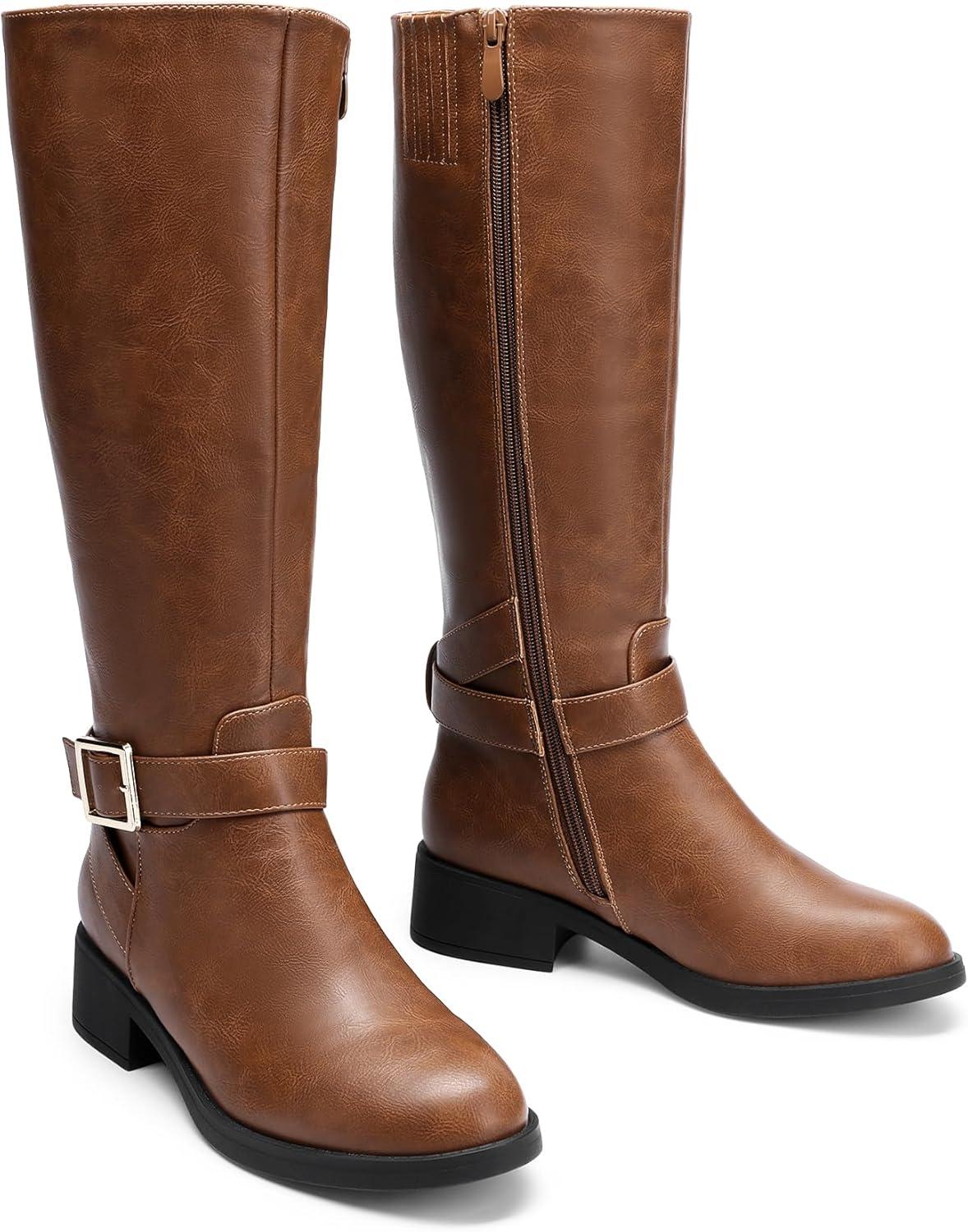 imageDREAM PAIRS Womens Knee High Riding Boots Comfortable Low Chunky Heel Side Zipper Round Toe Casual Classic RanchingLight Brown