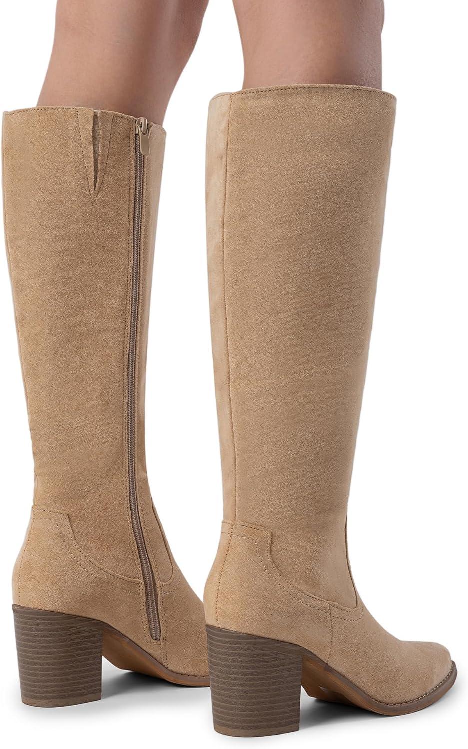 imageDREAM PAIRS Womens KneeHigh Boots Comfortable Chunky Block Heel Pointed Toe Pull On Side Zipper Suede Slouch Riding BootsApricot