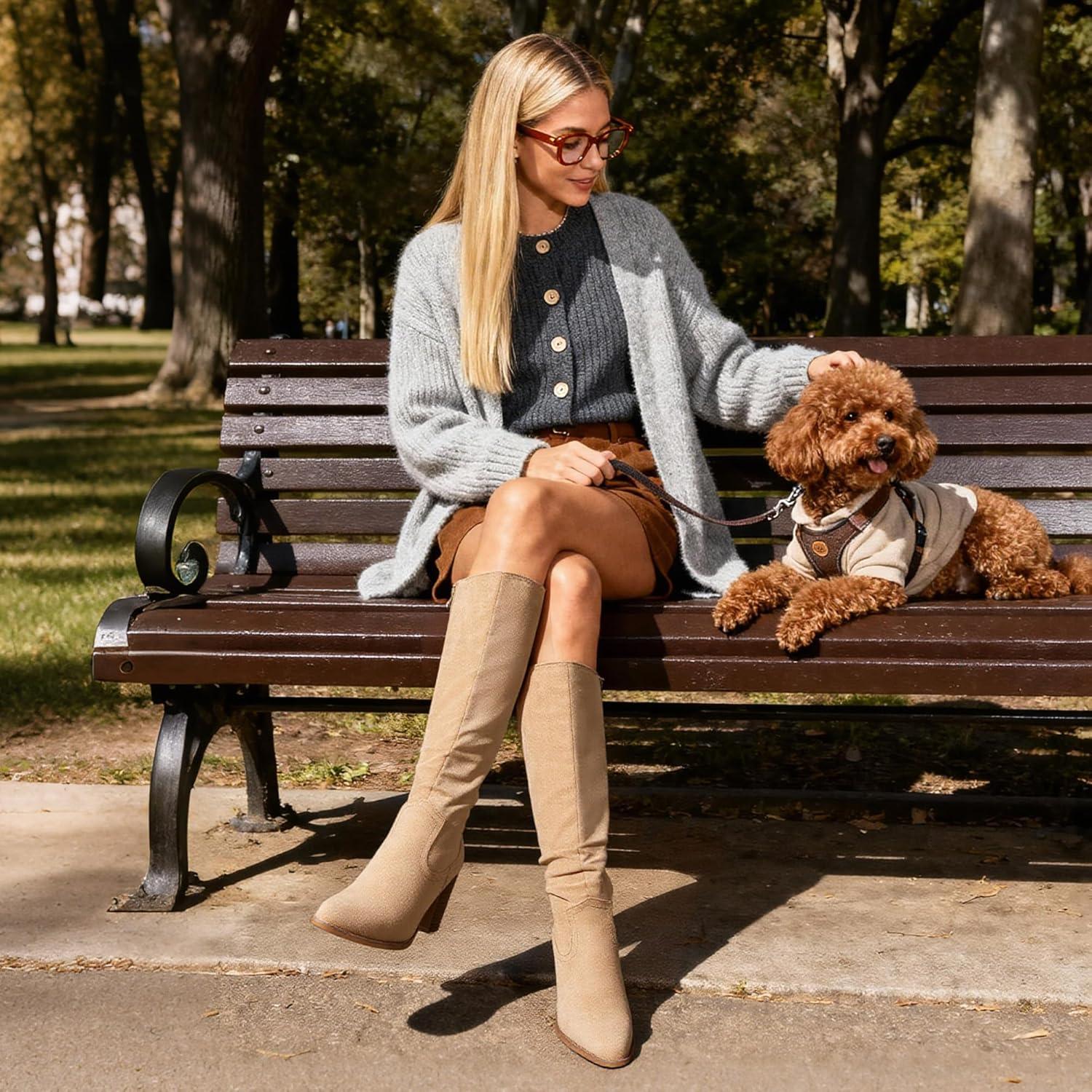 imageDREAM PAIRS Womens KneeHigh Boots Comfortable Chunky Block Heel Pointed Toe Pull On Side Zipper Suede Slouch Riding BootsApricot