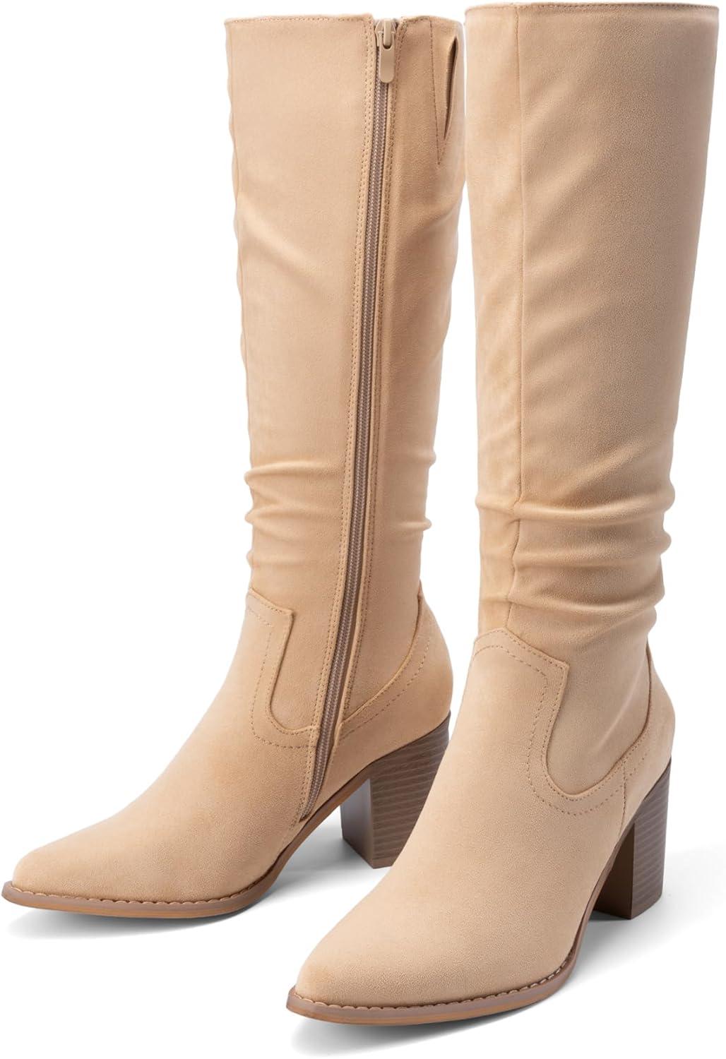 imageDREAM PAIRS Womens KneeHigh Boots Comfortable Chunky Block Heel Pointed Toe Pull On Side Zipper Suede Slouch Riding BootsApricot