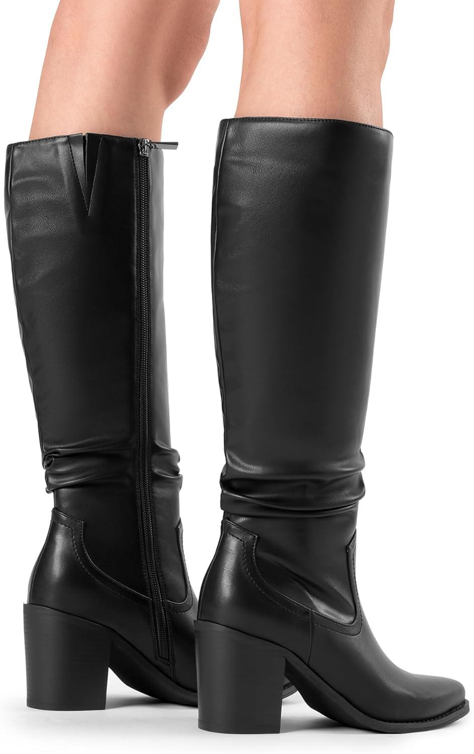 imageDREAM PAIRS Womens KneeHigh Boots Comfortable Chunky Block Heel Pointed Toe Pull On Side Zipper Suede Slouch Riding BootsBlackpu