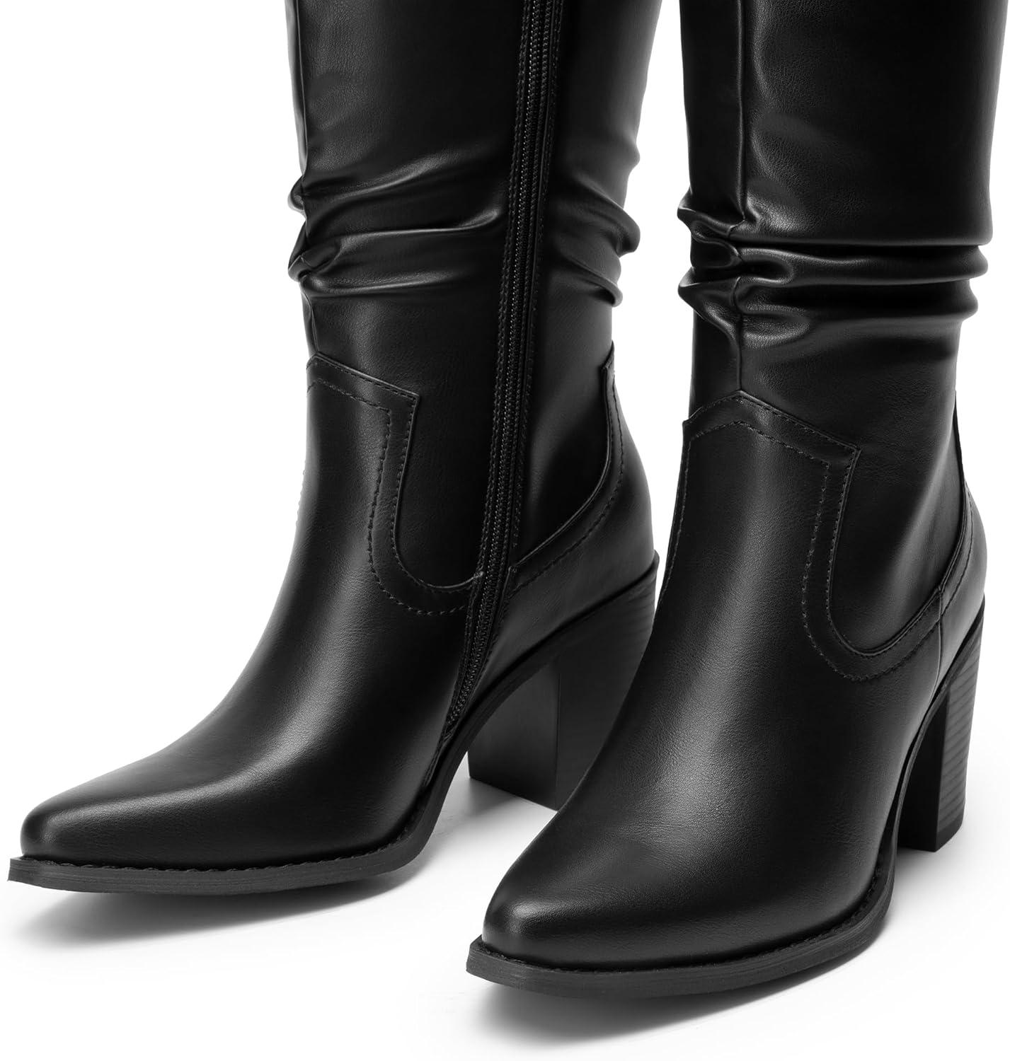 imageDREAM PAIRS Womens KneeHigh Boots Comfortable Chunky Block Heel Pointed Toe Pull On Side Zipper Suede Slouch Riding BootsBlackpu