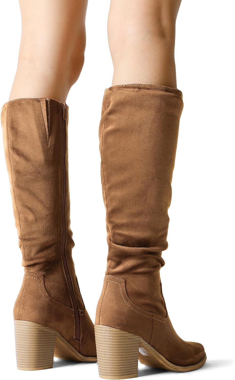 imageDREAM PAIRS Womens KneeHigh Boots Comfortable Chunky Block Heel Pointed Toe Pull On Side Zipper Suede Slouch Riding BootsCamel
