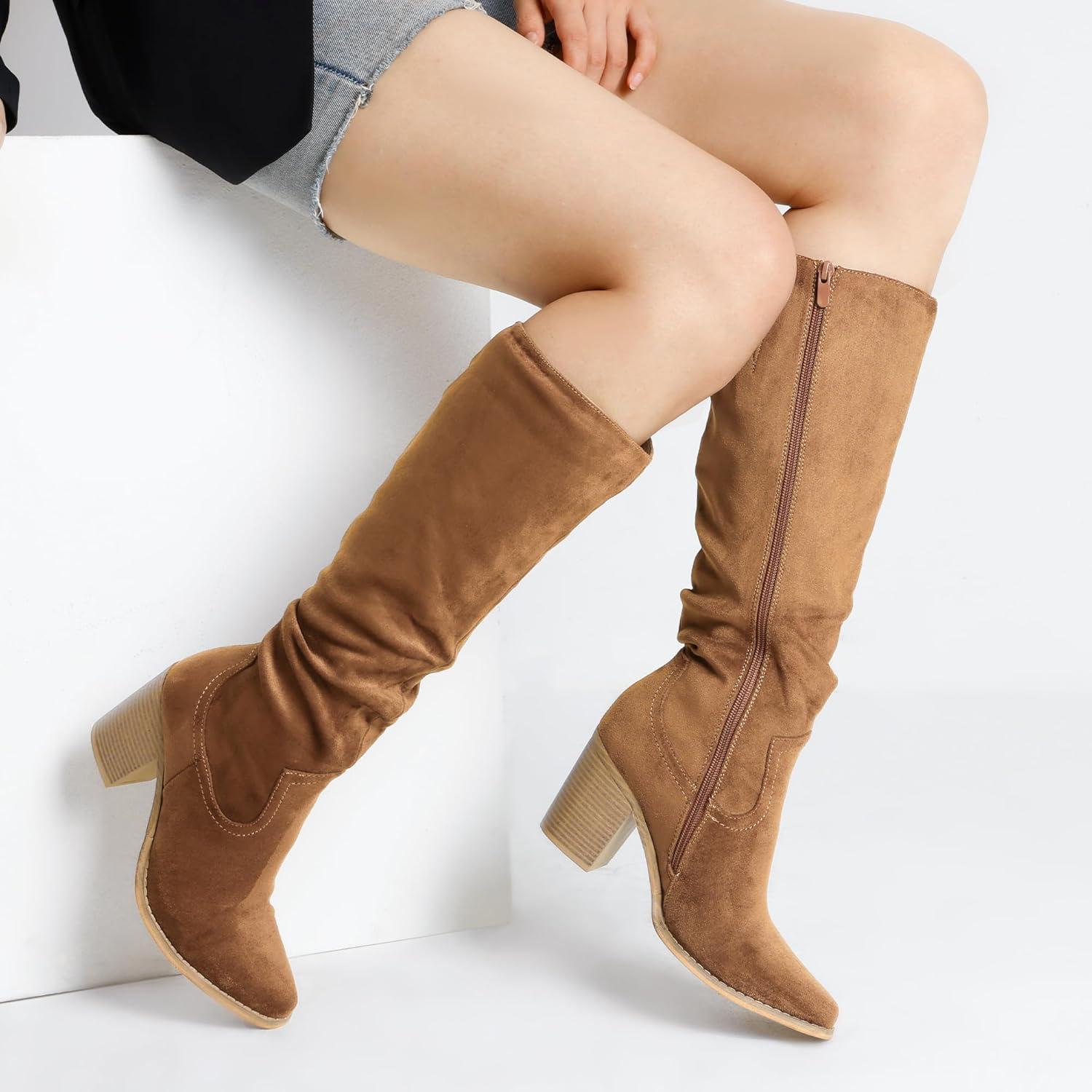 imageDREAM PAIRS Womens KneeHigh Boots Comfortable Chunky Block Heel Pointed Toe Pull On Side Zipper Suede Slouch Riding BootsCamel