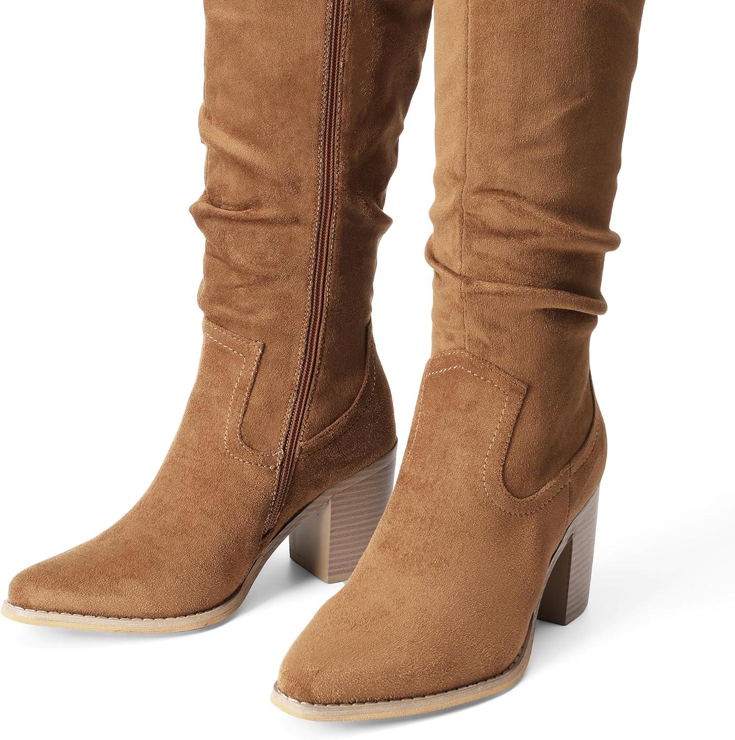 imageDREAM PAIRS Womens KneeHigh Boots Comfortable Chunky Block Heel Pointed Toe Pull On Side Zipper Suede Slouch Riding BootsCamel