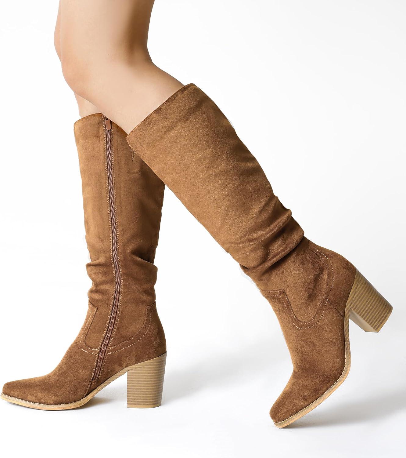 imageDREAM PAIRS Womens KneeHigh Boots Comfortable Chunky Block Heel Pointed Toe Pull On Side Zipper Suede Slouch Riding BootsCamel