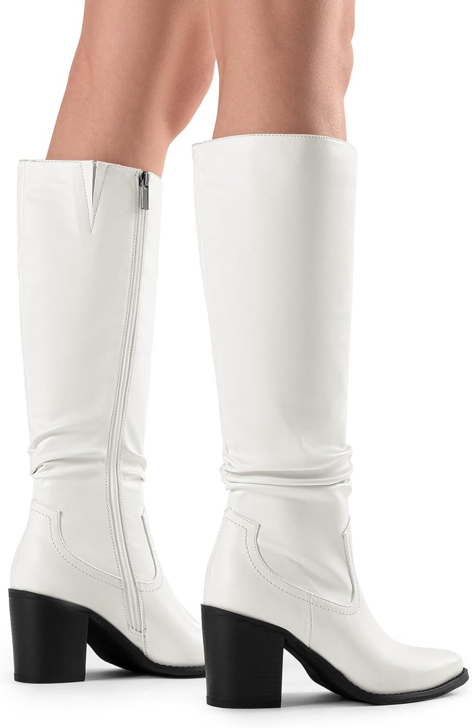 imageDREAM PAIRS Womens KneeHigh Boots Comfortable Chunky Block Heel Pointed Toe Pull On Side Zipper Suede Slouch Riding BootsWhitepu