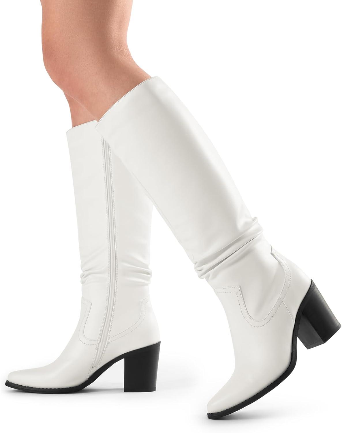 imageDREAM PAIRS Womens KneeHigh Boots Comfortable Chunky Block Heel Pointed Toe Pull On Side Zipper Suede Slouch Riding BootsWhitepu