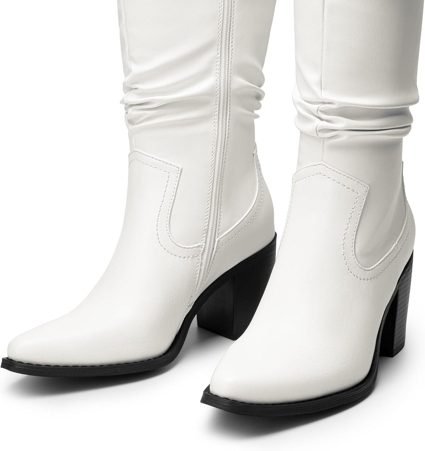 imageDREAM PAIRS Womens KneeHigh Boots Comfortable Chunky Block Heel Pointed Toe Pull On Side Zipper Suede Slouch Riding BootsWhitepu