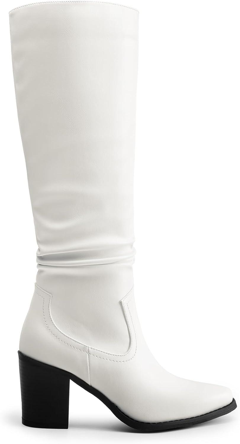 imageDREAM PAIRS Womens KneeHigh Boots Comfortable Chunky Block Heel Pointed Toe Pull On Side Zipper Suede Slouch Riding BootsWhitepu