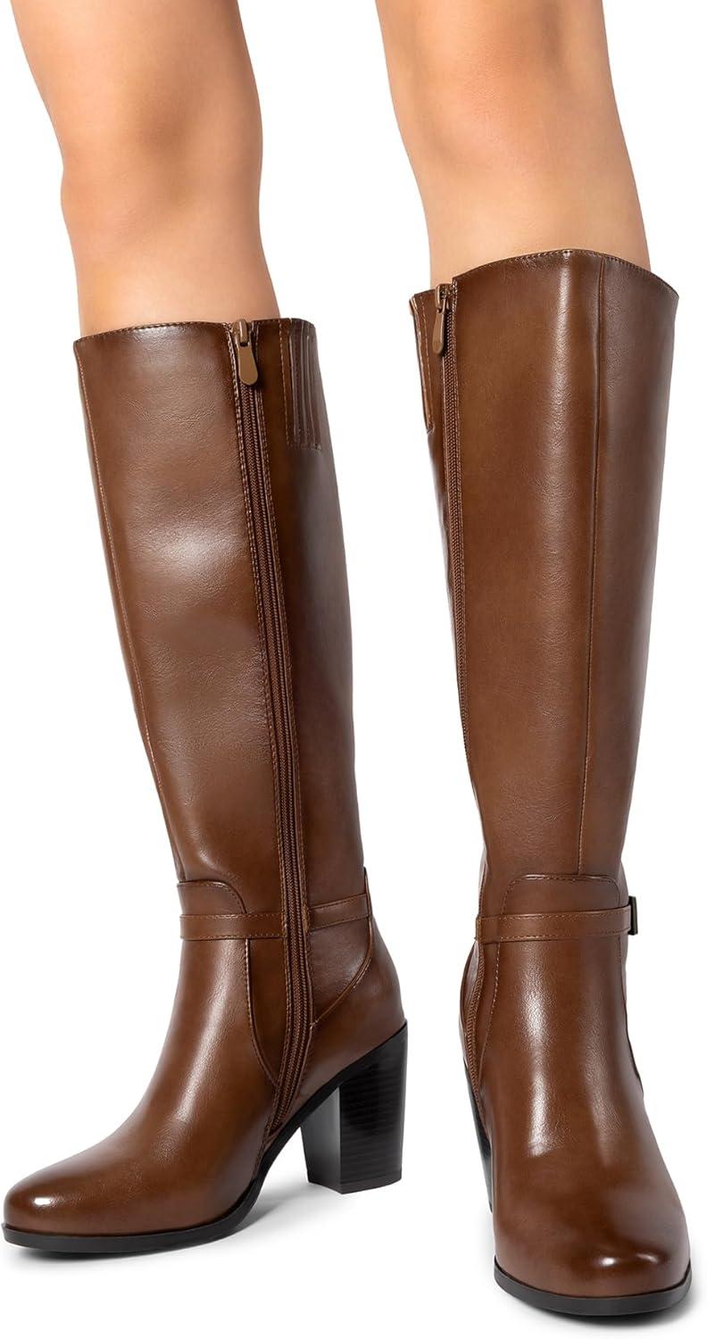 imageDREAM PAIRS Womens KneeHigh Boots Comfortable Chunky Block Heel Side ZipperTanpu