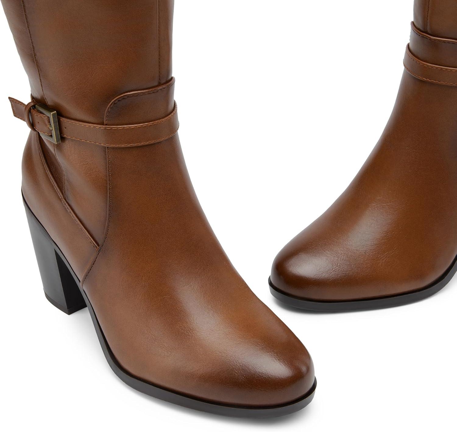 imageDREAM PAIRS Womens KneeHigh Boots Comfortable Chunky Block Heel Side ZipperTanpu