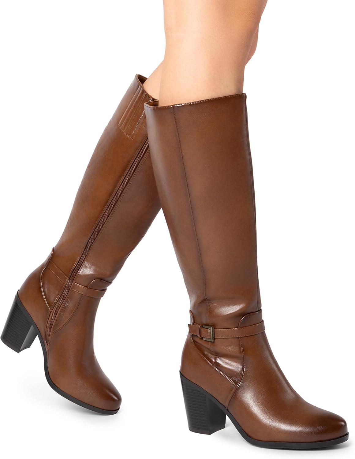 imageDREAM PAIRS Womens KneeHigh Boots Comfortable Chunky Block Heel Side ZipperTanpu