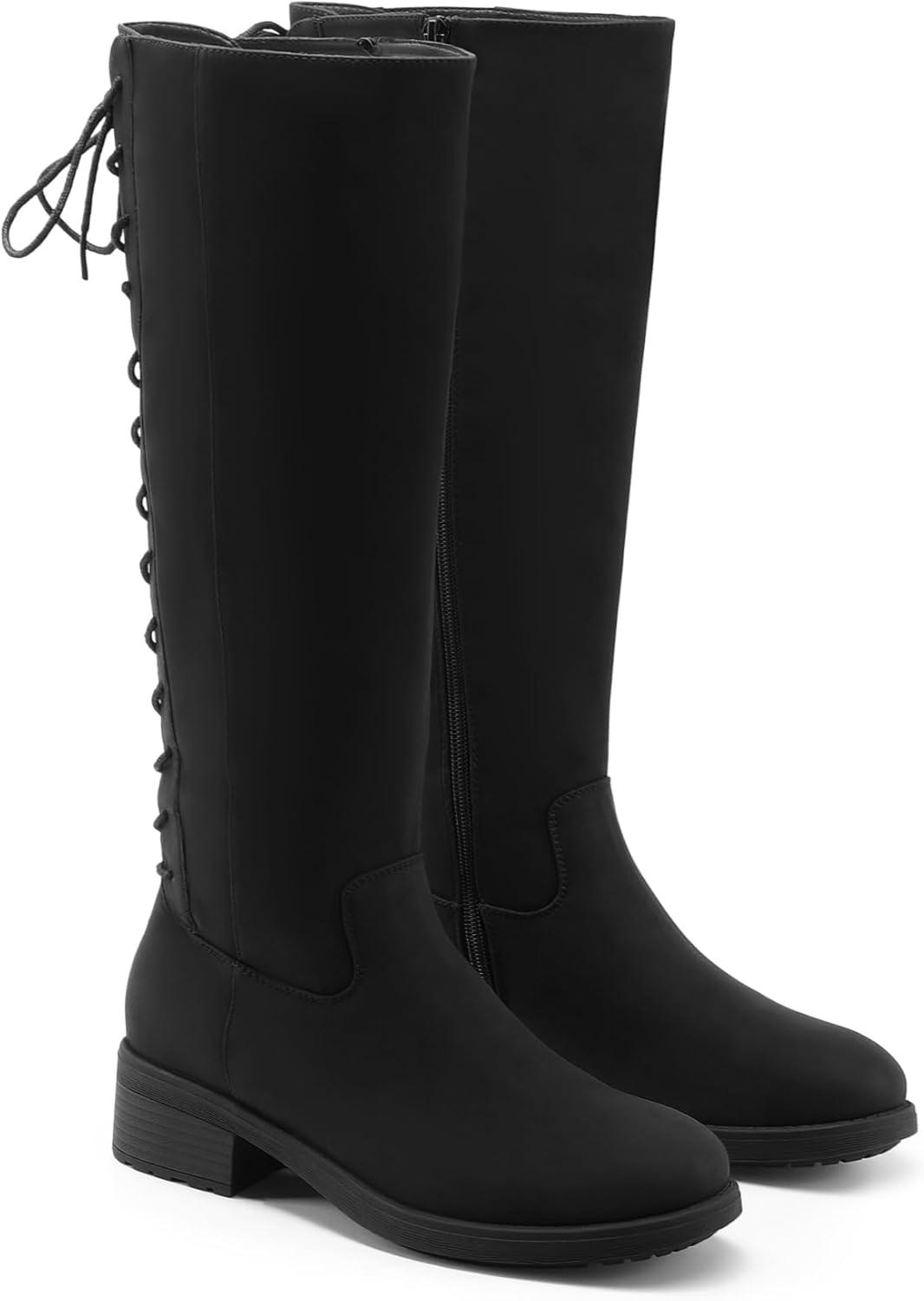 imageDREAM PAIRS Womens Lace Up Back Knee High Fashion Boots Low Block Heel Riding Boots Round Toe Side Zipper Fall BootsBlacknubuck