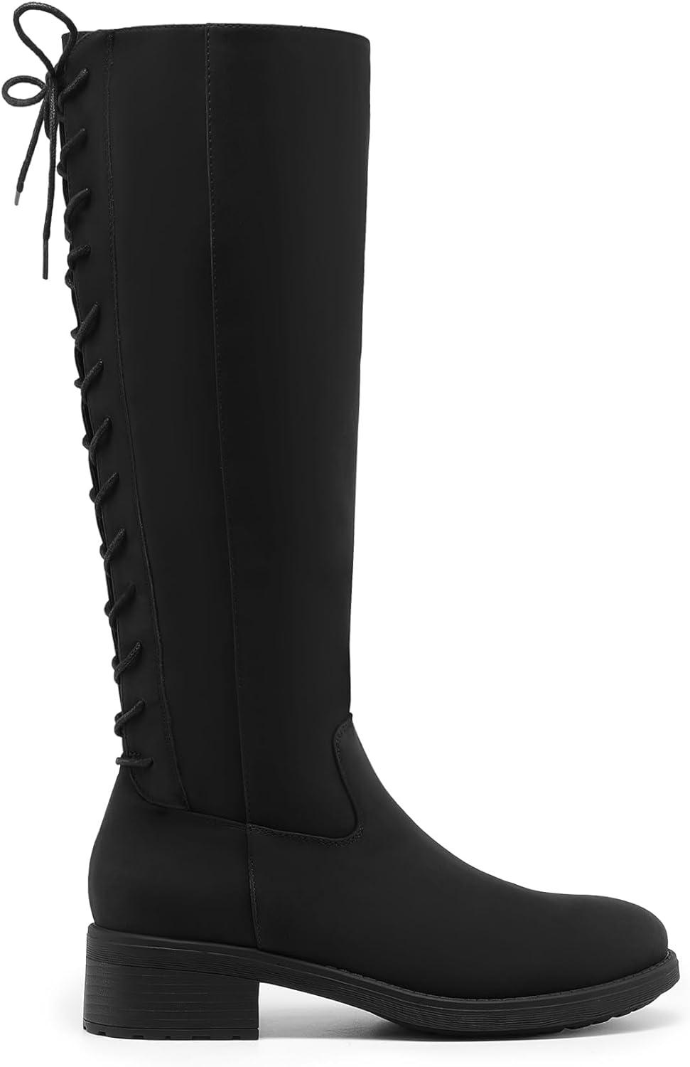 imageDREAM PAIRS Womens Lace Up Back Knee High Fashion Boots Low Block Heel Riding Boots Round Toe Side Zipper Fall BootsBlacknubuck