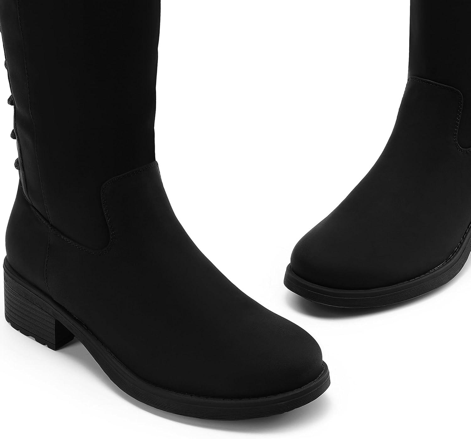 imageDREAM PAIRS Womens Lace Up Back Knee High Fashion Boots Low Block Heel Riding Boots Round Toe Side Zipper Fall BootsBlacknubuck