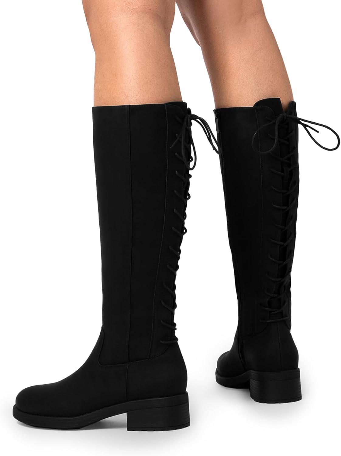 imageDREAM PAIRS Womens Lace Up Back Knee High Fashion Boots Low Block Heel Riding Boots Round Toe Side Zipper Fall BootsBlacknubuck