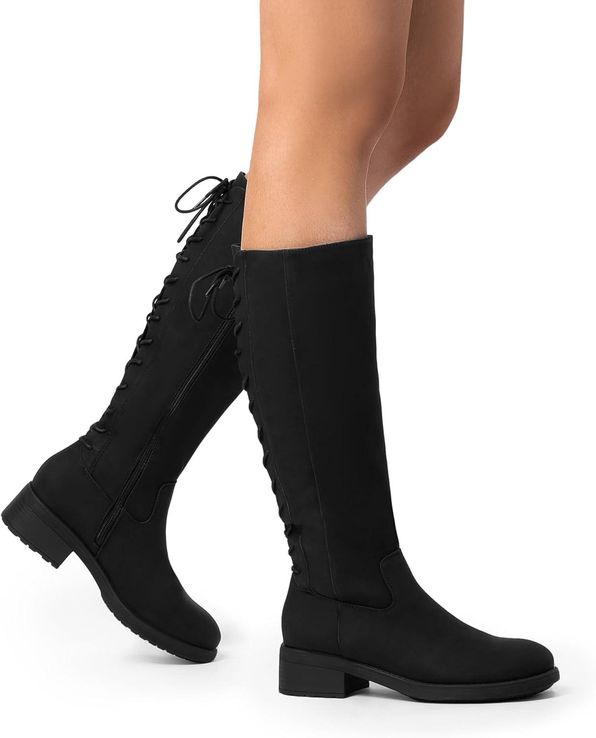 imageDREAM PAIRS Womens Lace Up Back Knee High Fashion Boots Low Block Heel Riding Boots Round Toe Side Zipper Fall BootsBlacknubuck