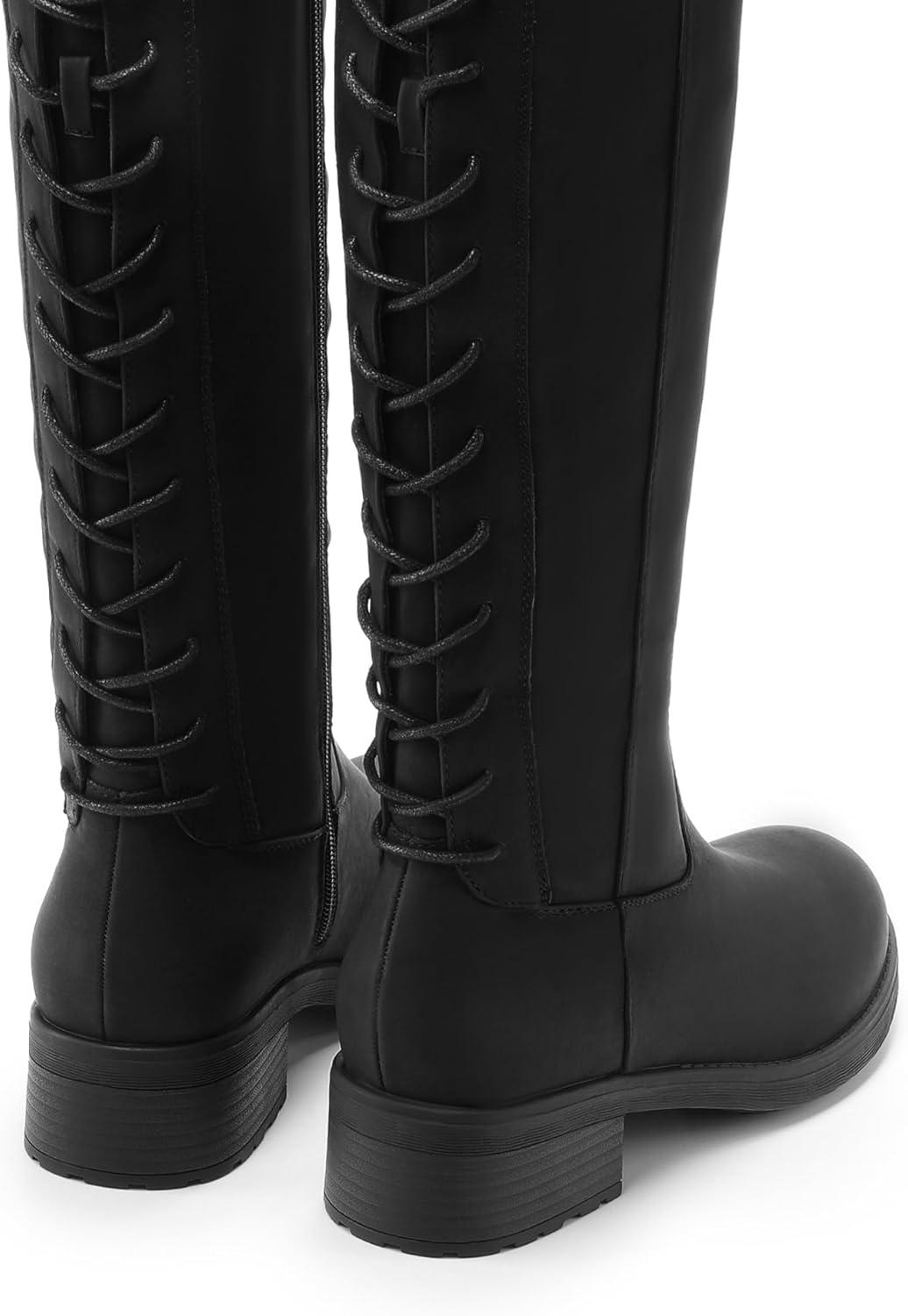 imageDREAM PAIRS Womens Lace Up Back Knee High Fashion Boots Low Block Heel Riding Boots Round Toe Side Zipper Fall BootsBlacknubuck