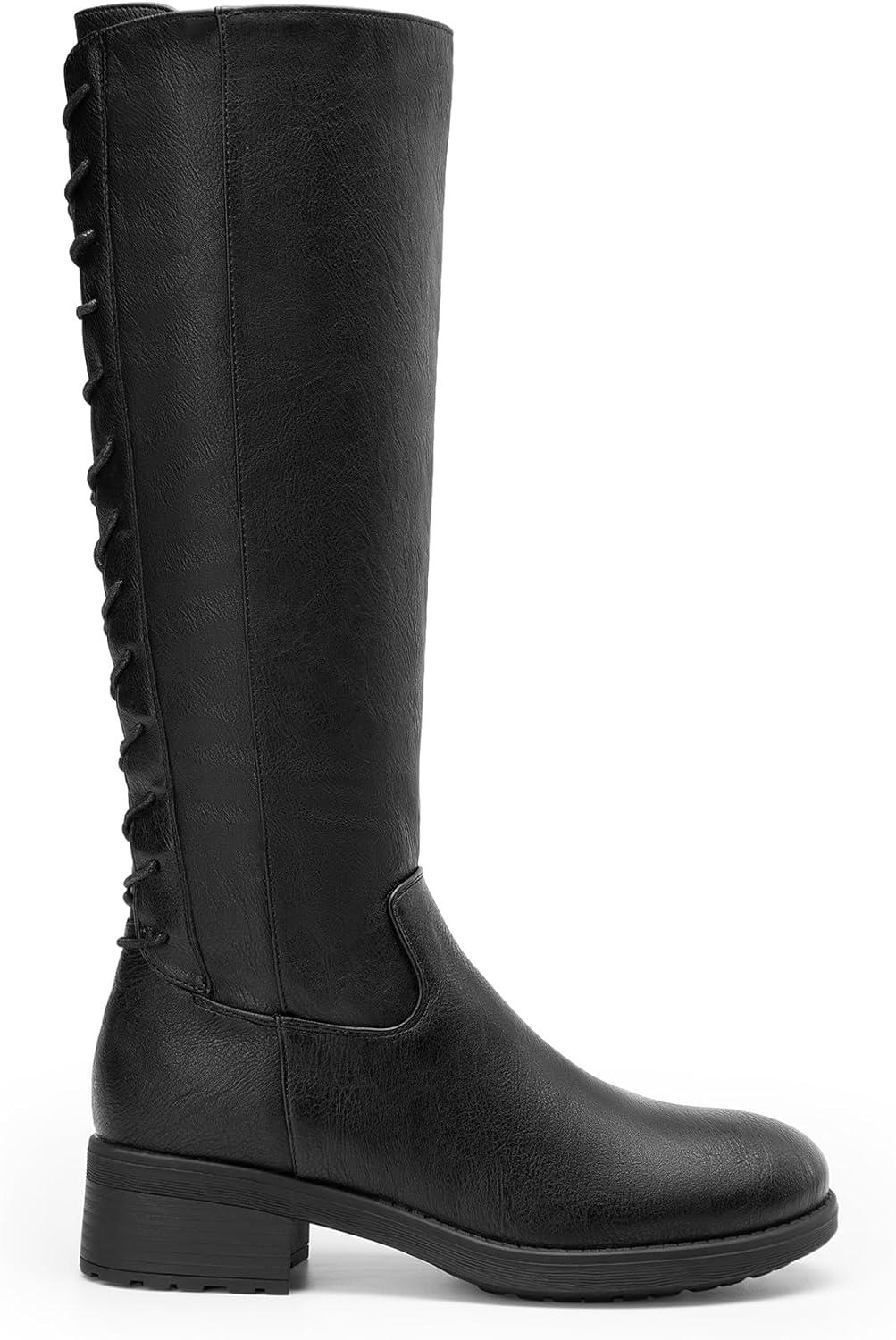 imageDREAM PAIRS Womens Lace Up Back Knee High Fashion Boots Low Block Heel Riding Boots Round Toe Side Zipper Fall BootsBlackpu