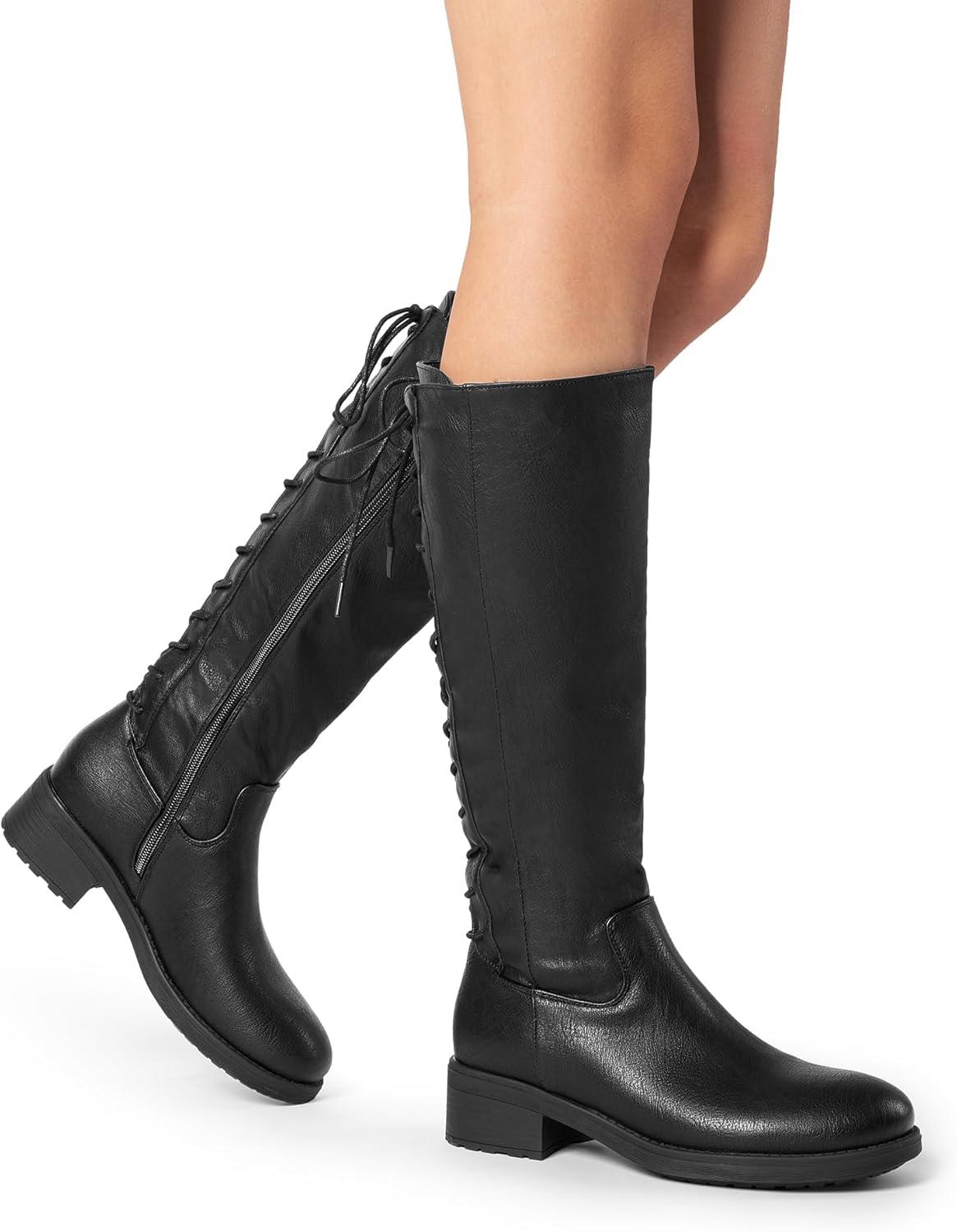 imageDREAM PAIRS Womens Lace Up Back Knee High Fashion Boots Low Block Heel Riding Boots Round Toe Side Zipper Fall BootsBlackpu