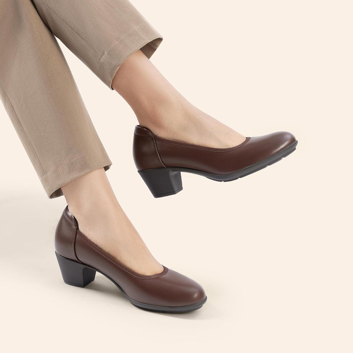 imageDREAM PAIRS Womens Low Chunky Heels Comfortable Block Work Pumps Closed Round Toe Dress Shoes for Office BusinessBrown