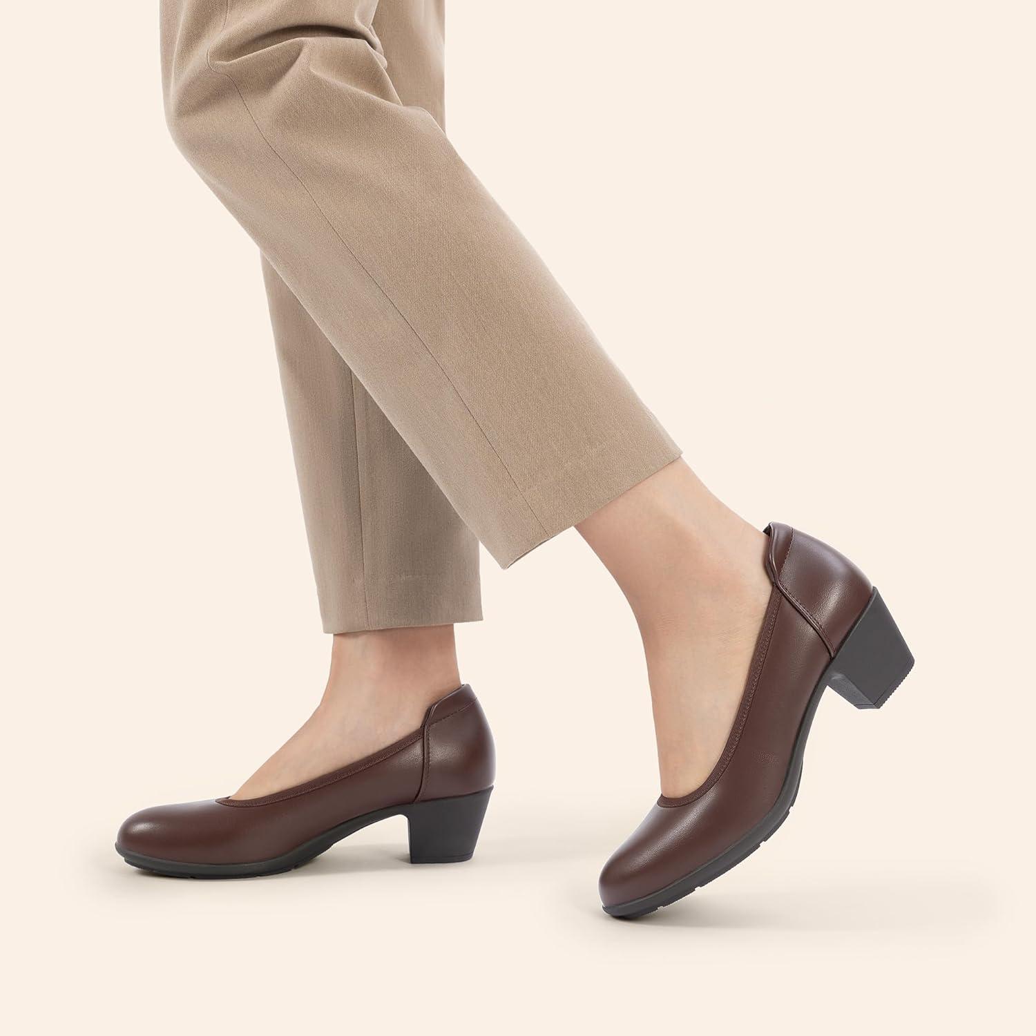 imageDREAM PAIRS Womens Low Chunky Heels Comfortable Block Work Pumps Closed Round Toe Dress Shoes for Office BusinessBrown