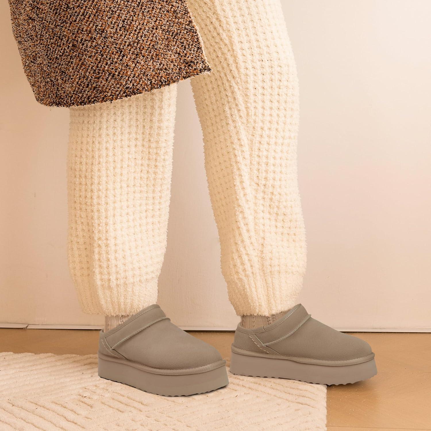 imageDREAM PAIRS Womens Slippers Platform Genuine Suede SlipOn Memory Foam Cozy Fluffy Warm Comfy Furry House Shoes for Outdoor IndoorSand