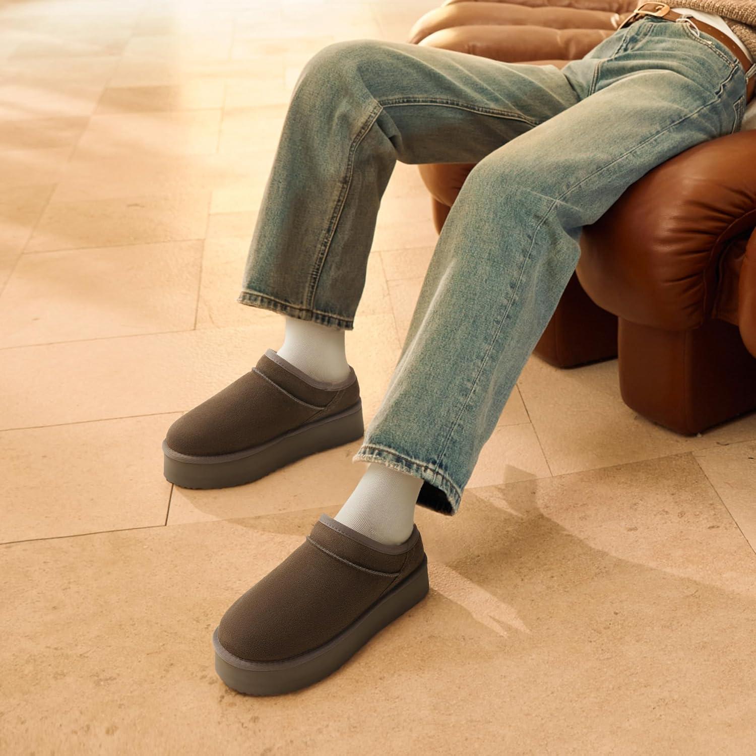 imageDREAM PAIRS Womens Slippers Platform Genuine Suede SlipOn Memory Foam Cozy Fluffy Warm Comfy Furry House Shoes for Outdoor IndoorTaupe