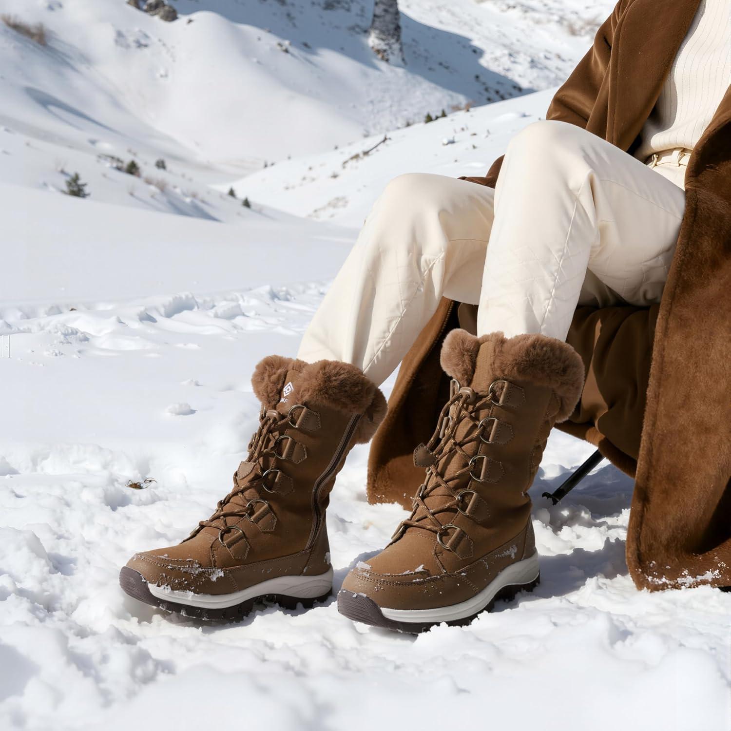 imageDREAM PAIRS Womens Waterproof Winter Snow Boots Warm Comfortable Faux Fur Insulated NonSlip Outdoor LaceUp Florin Mid Calf BootiesTan