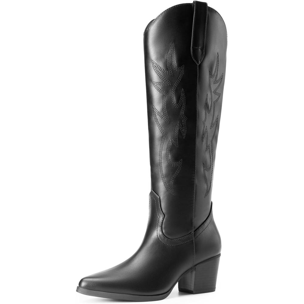 imageDREAM PAIRS Cowboy Boots for Women Cowgirl Knee High Boots Comfortable Pull On Zipper Chunky Heel Pointed Toe Embroidered Western BootsBlack