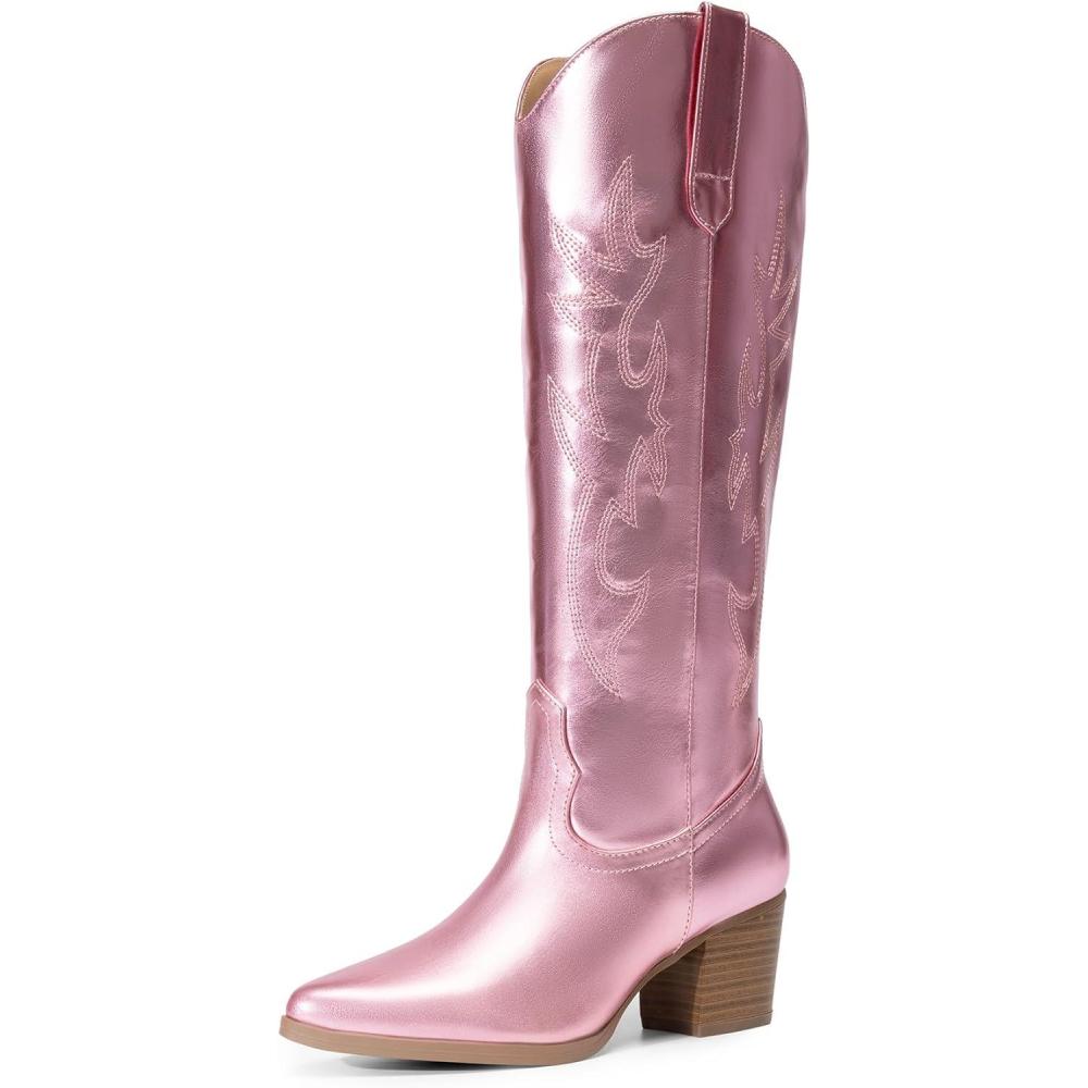 imageDREAM PAIRS Cowboy Boots for Women Cowgirl Knee High Boots Comfortable Pull On Zipper Chunky Heel Pointed Toe Embroidered Western BootsPinkmetal