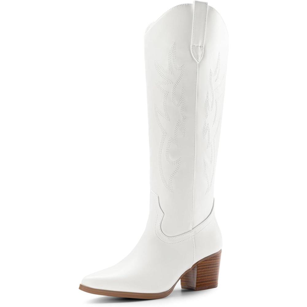 imageDREAM PAIRS Cowboy Boots for Women Cowgirl Knee High Boots Comfortable Pull On Zipper Chunky Heel Pointed Toe Embroidered Western BootsWhite