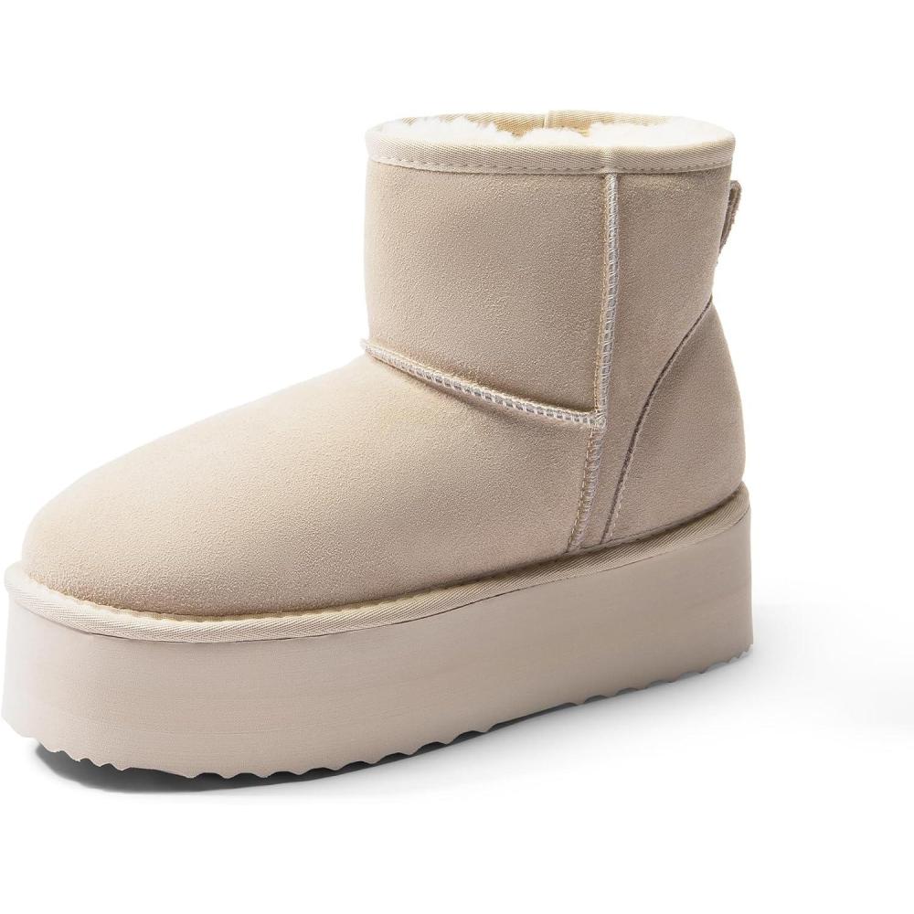 imageDREAM PAIRS Genuine Suede Classic Platform Boots for Women Water Resistant FuzzyClassic Ankle Winter Snow Low Boots with DIY Bows Faux Fur Lining Memory Foam AntiSlipSand