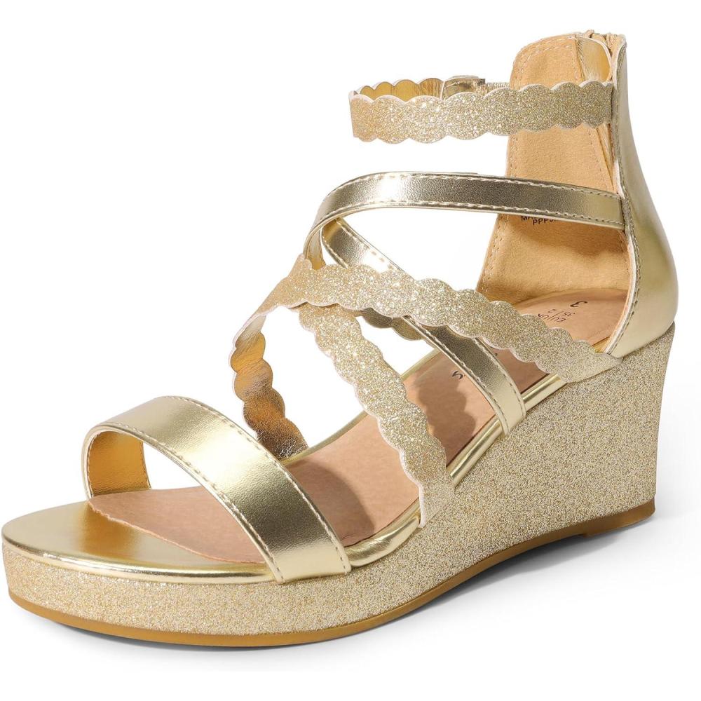 imageDREAM PAIRS Girls Wedge Sandals Flatform Open Toe Platform Sandals Flower Wedding Party for Little KidBig KidGoldglitter