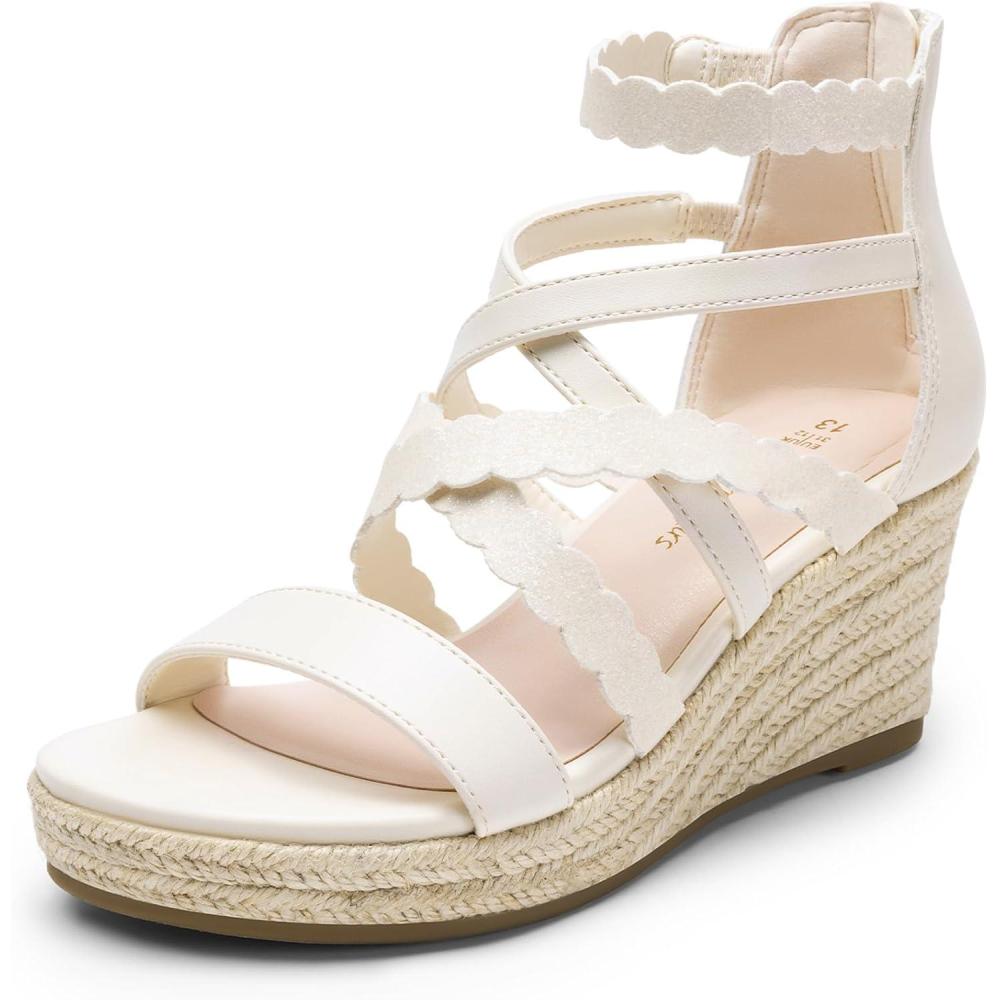 imageDREAM PAIRS Girls Wedge Sandals Flatform Open Toe Platform Sandals Flower Wedding Party for Little KidBig KidIvory