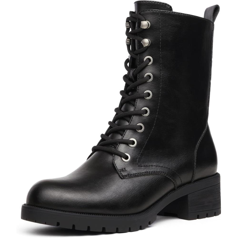 imageDREAM PAIRS Laceup Combat Boots Midcalf Military Winter Boot for WomenBlackPu