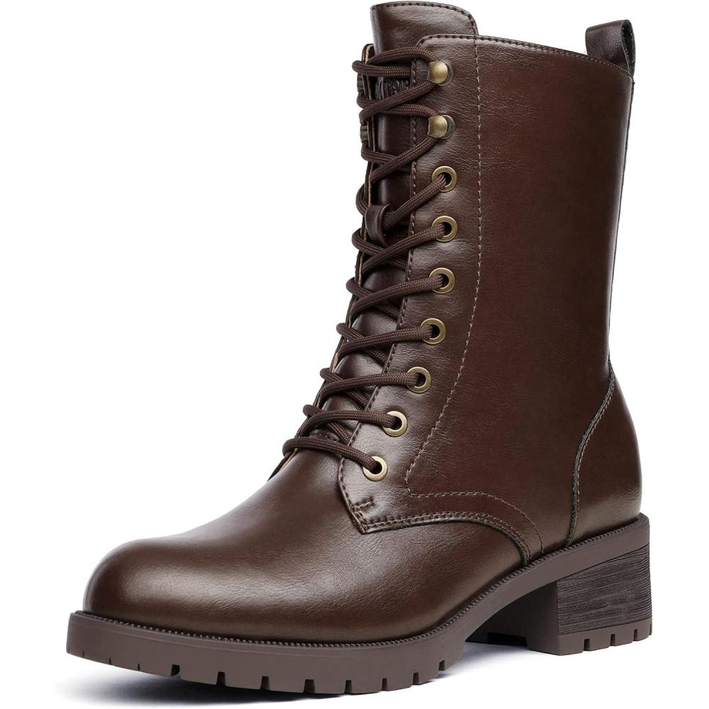 imageDREAM PAIRS Laceup Combat Boots Midcalf Military Winter Boot for WomenBrownPu